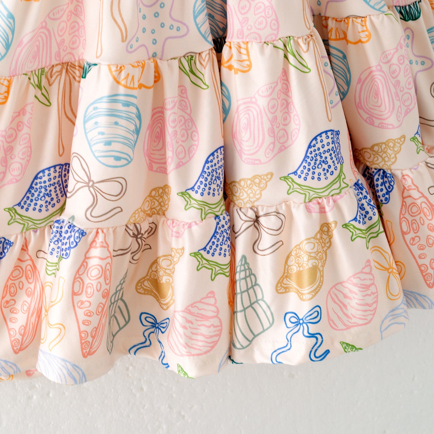 Girls Summer Pink Sea Themed Conch Print Patchwork Dress