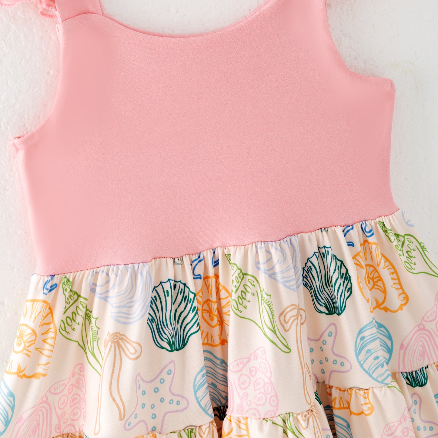 Girls Summer Pink Sea Themed Conch Print Patchwork Dress