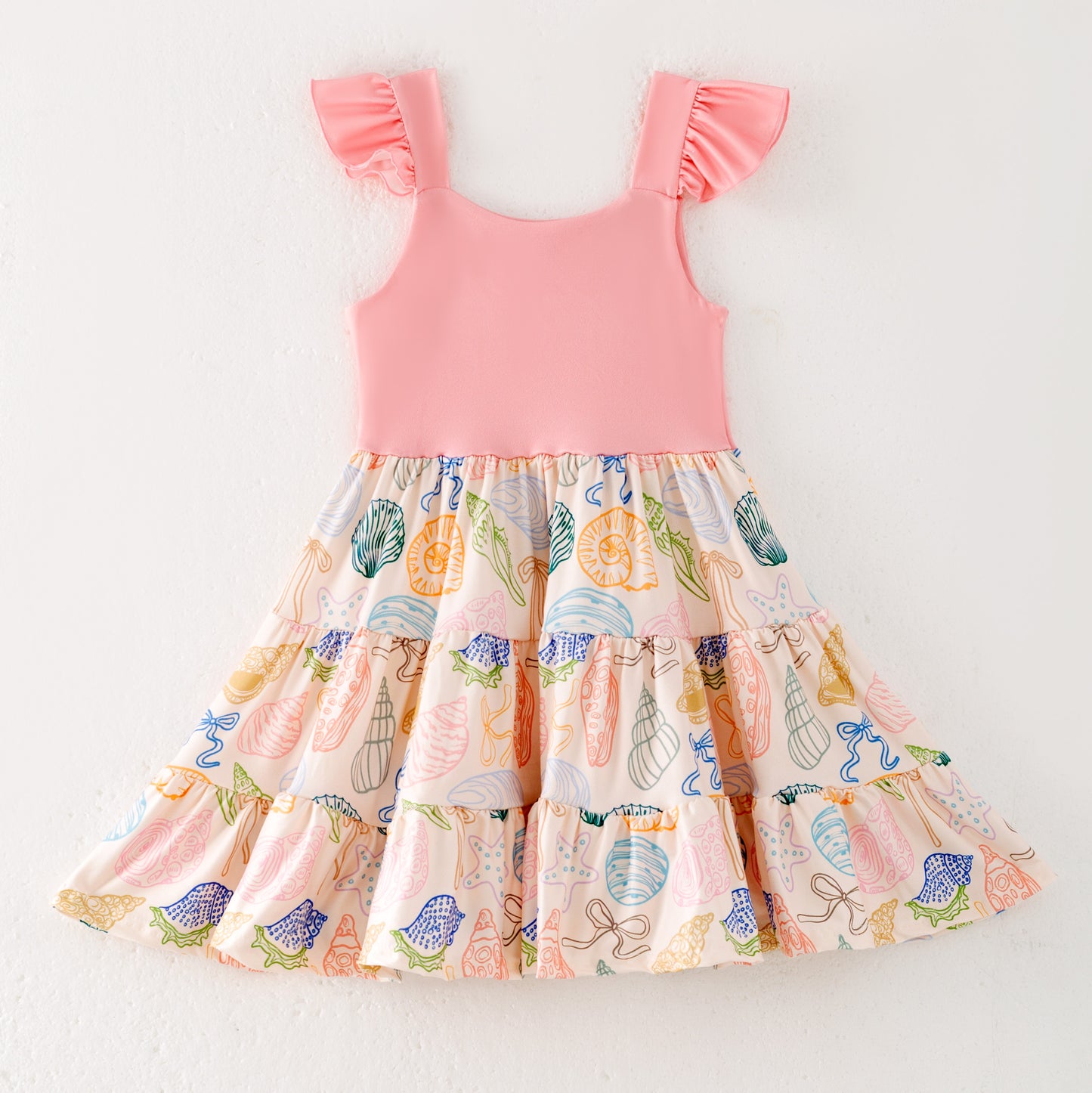 Girls Summer Pink Sea Themed Conch Print Patchwork Dress