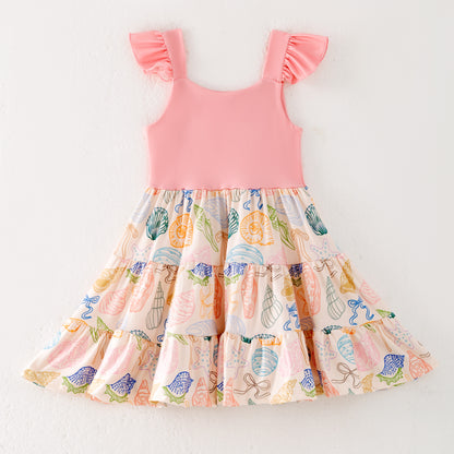 Girls Summer Pink Sea Themed Conch Print Patchwork Dress