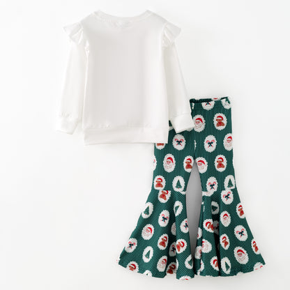 2025 Christmas Girls Santa Bow Print Bell Pant Set