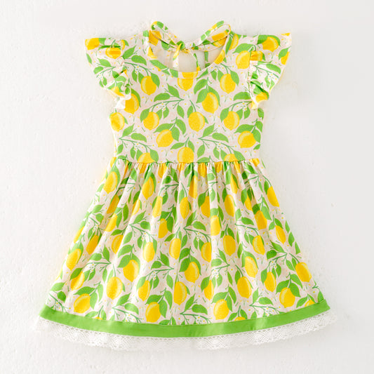 Girls Summer Lemon Print Lace Dress