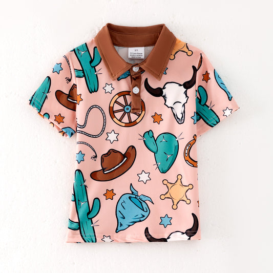 Boys Summer Brown Star Cactus Print Short Sleeves Polo Shirt