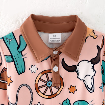 Boys Summer Brown Star Cactus Print Short Sleeves Polo Shirt