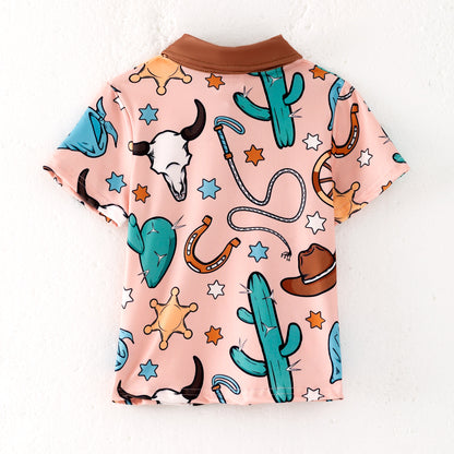Boys Summer Brown Star Cactus Print Short Sleeves Polo Shirt