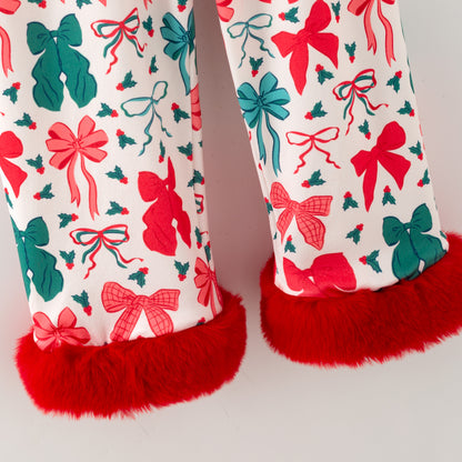Girls Christmas Bow Red Cozy Fur Pajamas Set