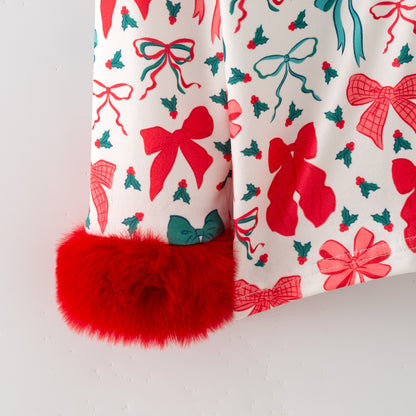 Girls Christmas Bow Red Cozy Fur Pajamas Set