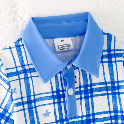 Boys Summer July 4th Patriotic Blue Plaid Polo Shirt