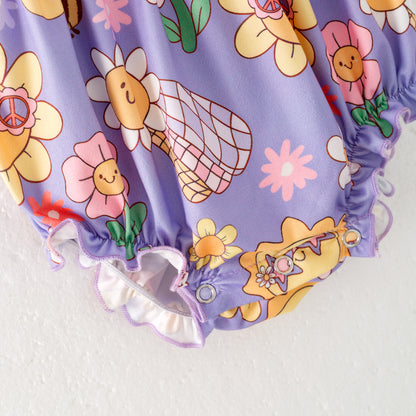 Baby Girls Summer Sunflower Purple Yellow Bubble Romper