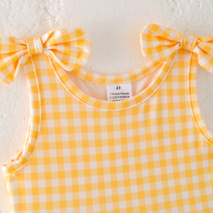 Girls' Summer Farm Yellow Plaid Chick Floral Print Dress
