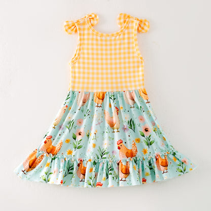 Girls' Summer Farm Yellow Plaid Chick Floral Print Dress