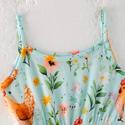 Girls Summer Farm Chick Print Ruffled Jumpsuit