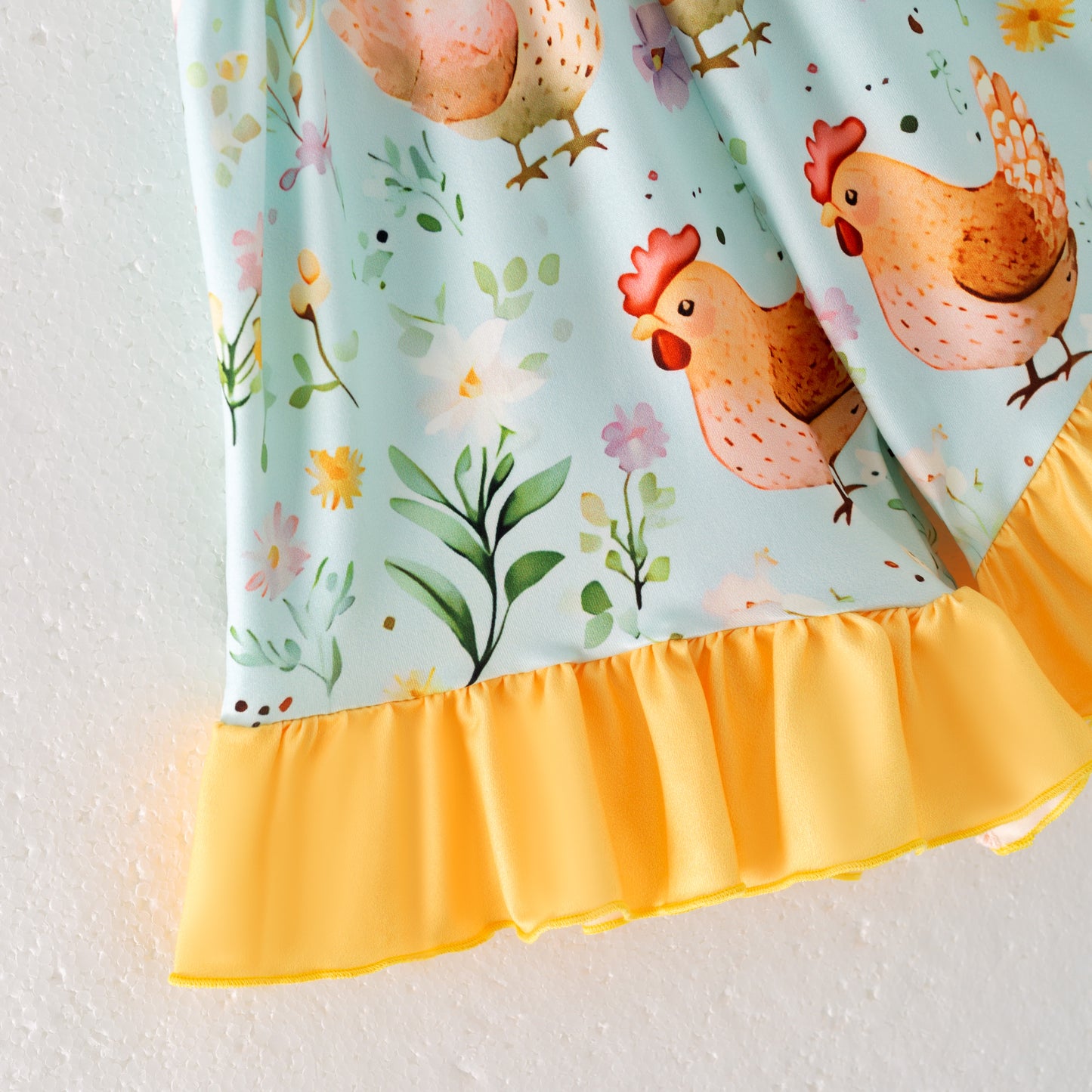Girls Summer Farm Chick Print Ruffled Jumpsuit