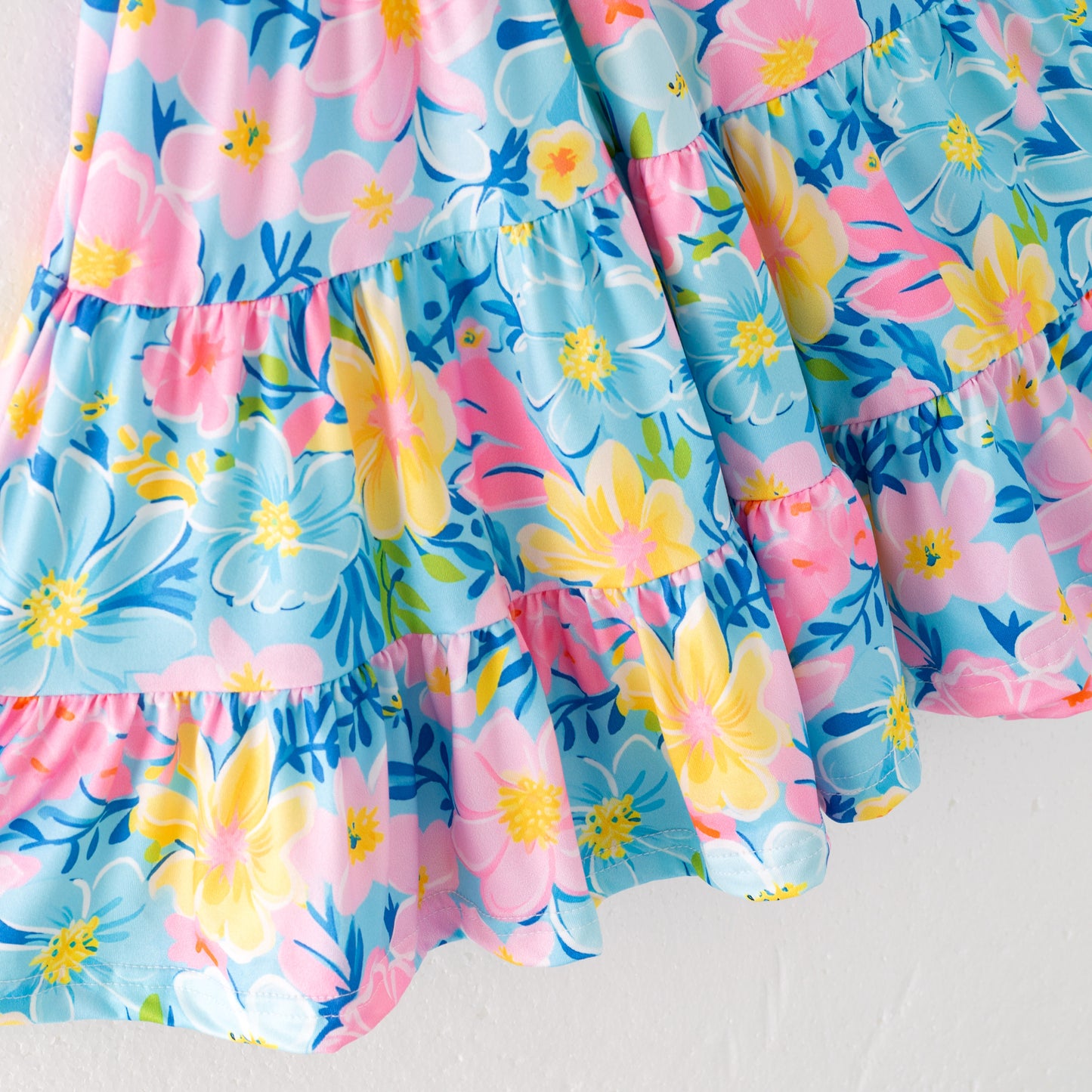Girls Summer Blue Pink Flower Patchwork Ruffled Dress