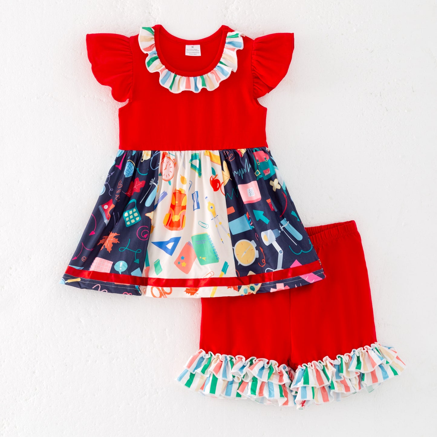 Girls' Summer Back To School Print Patchwork Short Set