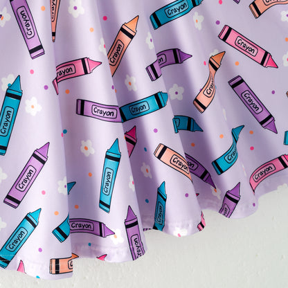 Girls Back To School Purple Crayon Twirl Dress