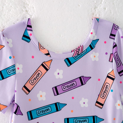 Girls Back To School Purple Crayon Twirl Dress