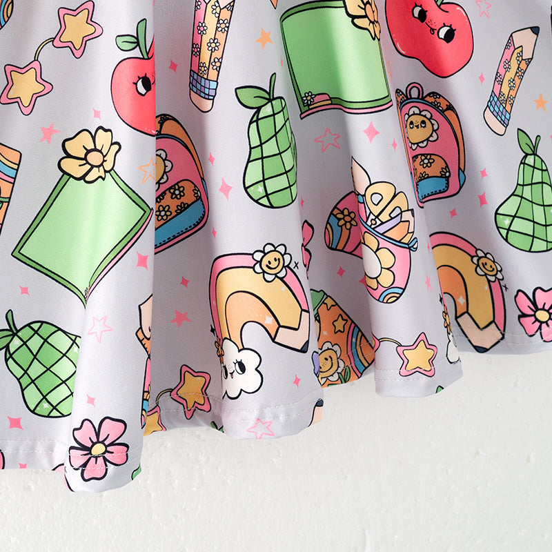 Girls Back To School Purple Rainbow Crayon Twirl Dress