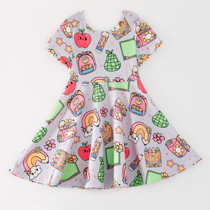 Girls Back To School Purple Rainbow Crayon Twirl Dress