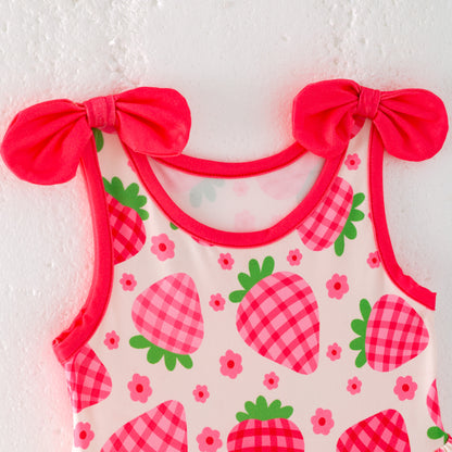 Girls Summer Strawberry Bow Ruffled Twirl Dress