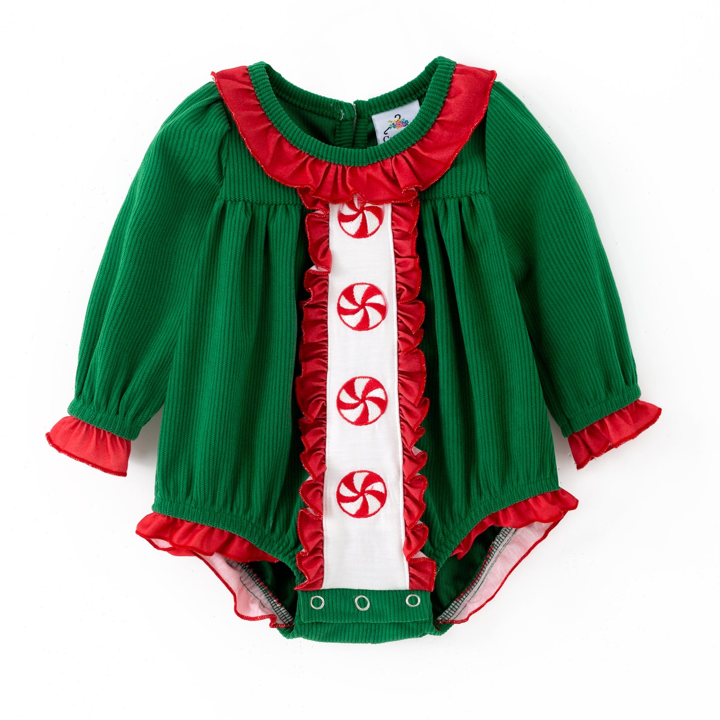 Kids Christmas Green Corduroy Sibling Set with Peppermint Embroidery
