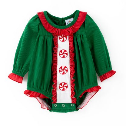Kids Christmas Green Corduroy Sibling Set with Peppermint Embroidery