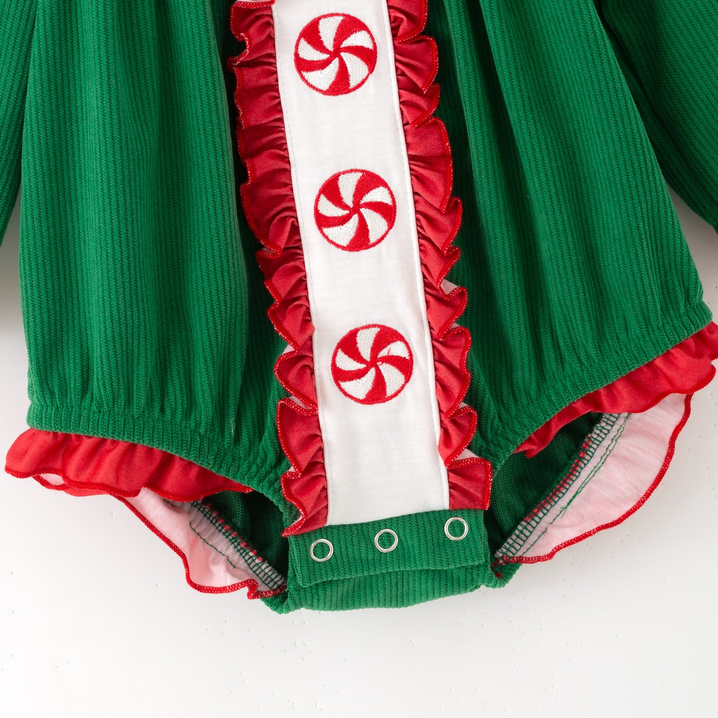 Kids Christmas Green Corduroy Sibling Set with Peppermint Embroidery