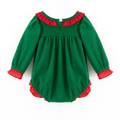 Kids Christmas Green Corduroy Sibling Set with Peppermint Embroidery