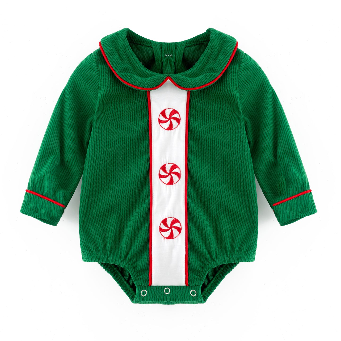 Kids Christmas Green Corduroy Sibling Set with Peppermint Embroidery