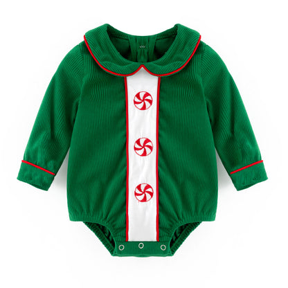 Kids Christmas Green Corduroy Sibling Set with Peppermint Embroidery