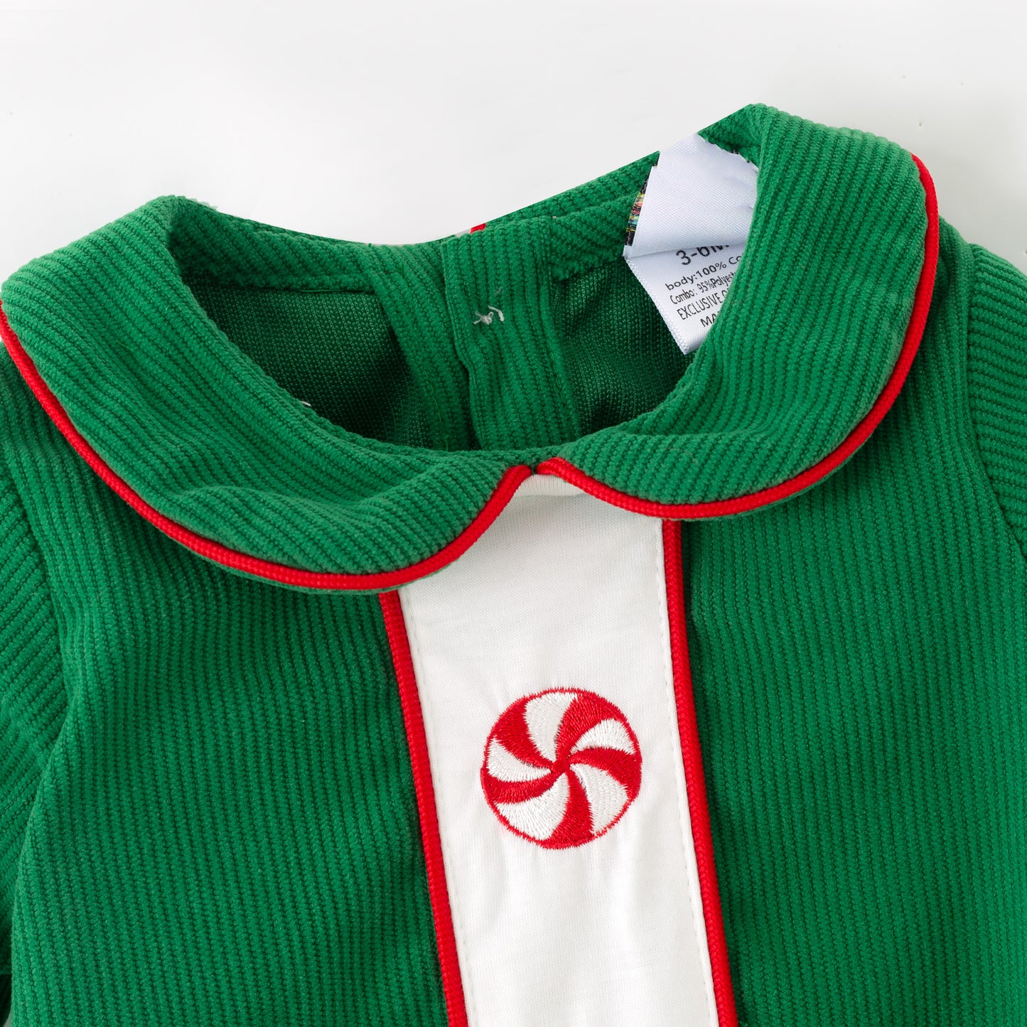 Kids Christmas Green Corduroy Sibling Set with Peppermint Embroidery