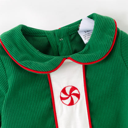 Kids Christmas Green Corduroy Sibling Set with Peppermint Embroidery