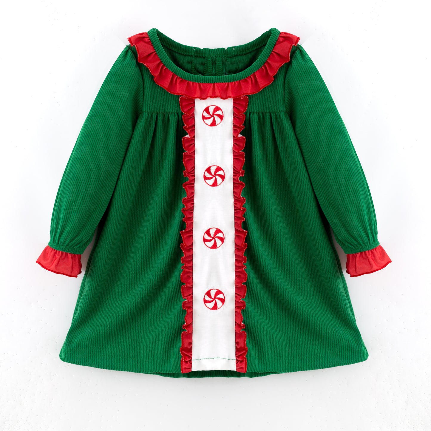 Kids Christmas Green Corduroy Sibling Set with Peppermint Embroidery