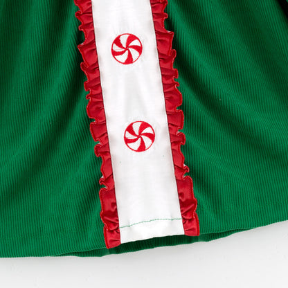 Kids Christmas Green Corduroy Sibling Set with Peppermint Embroidery