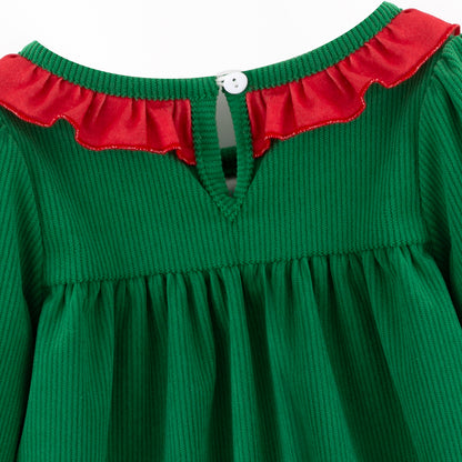 Kids Christmas Green Corduroy Sibling Set with Peppermint Embroidery
