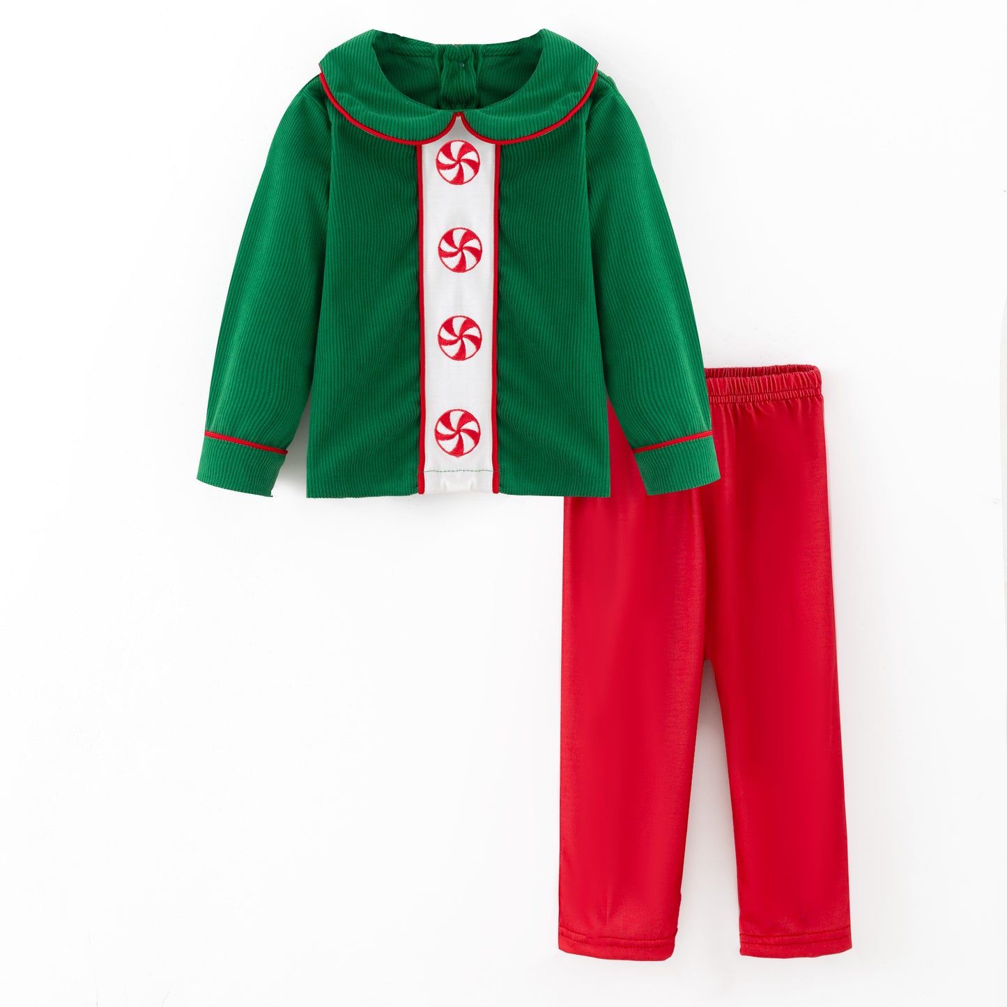 Kids Christmas Green Corduroy Sibling Set with Peppermint Embroidery