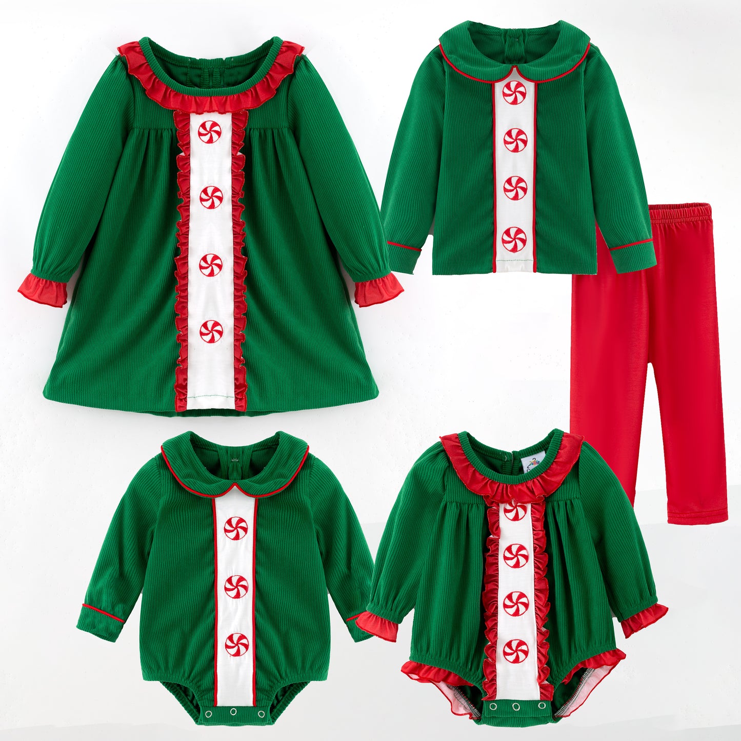 Kids Christmas Green Corduroy Sibling Set with Peppermint Embroidery