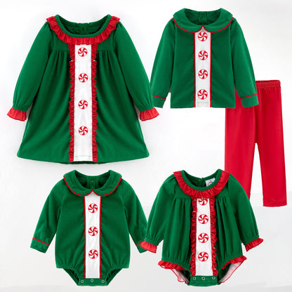 Kids Christmas Green Corduroy Sibling Set with Peppermint Embroidery