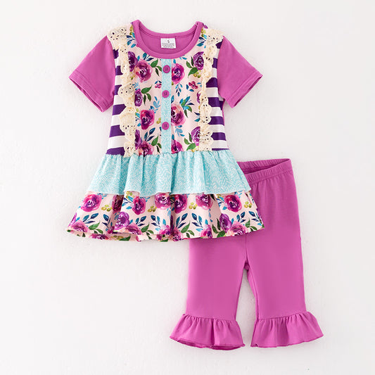 Girls Summer Floral Lace Ruffled Short Set