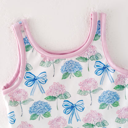 Girls Summer Pink Blue Flower Print Athletic Skirt Set