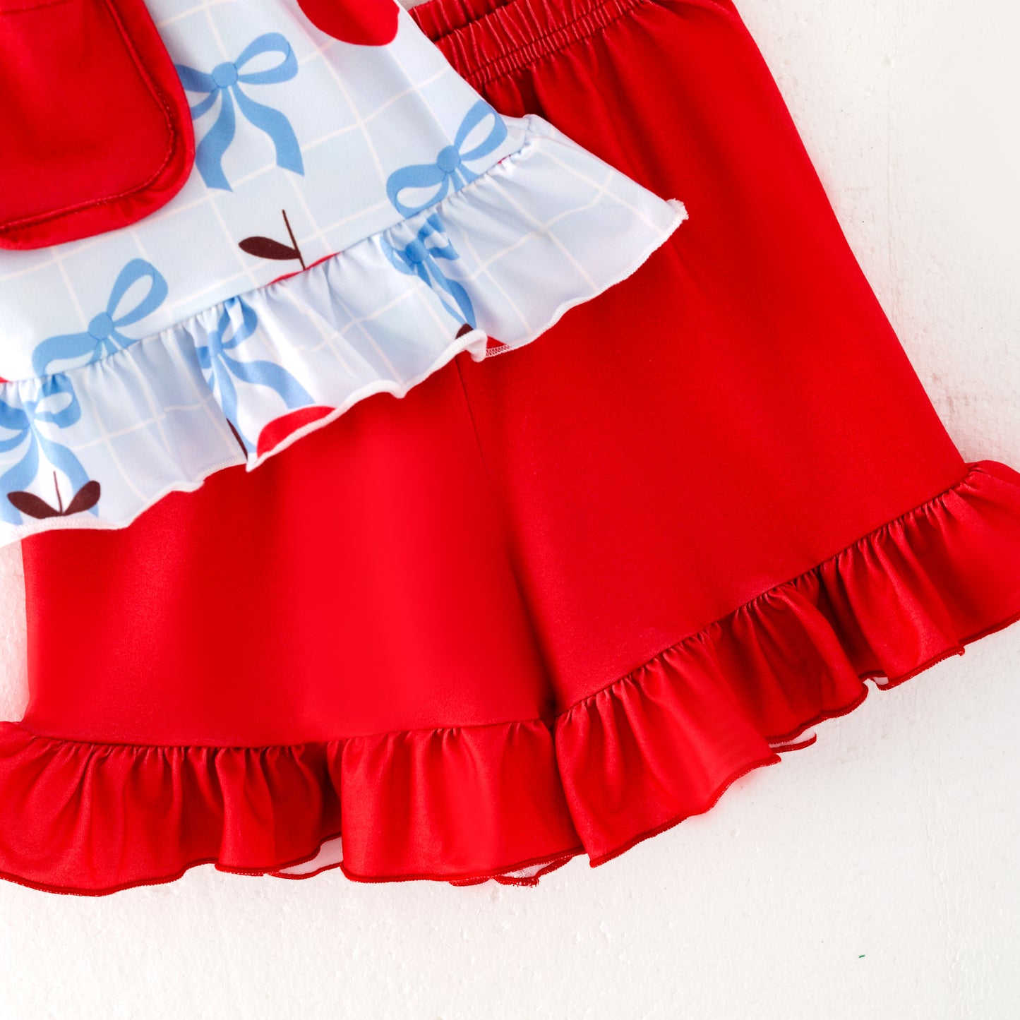 Girls Back To School Red Blue Apple Pocket Short Set
