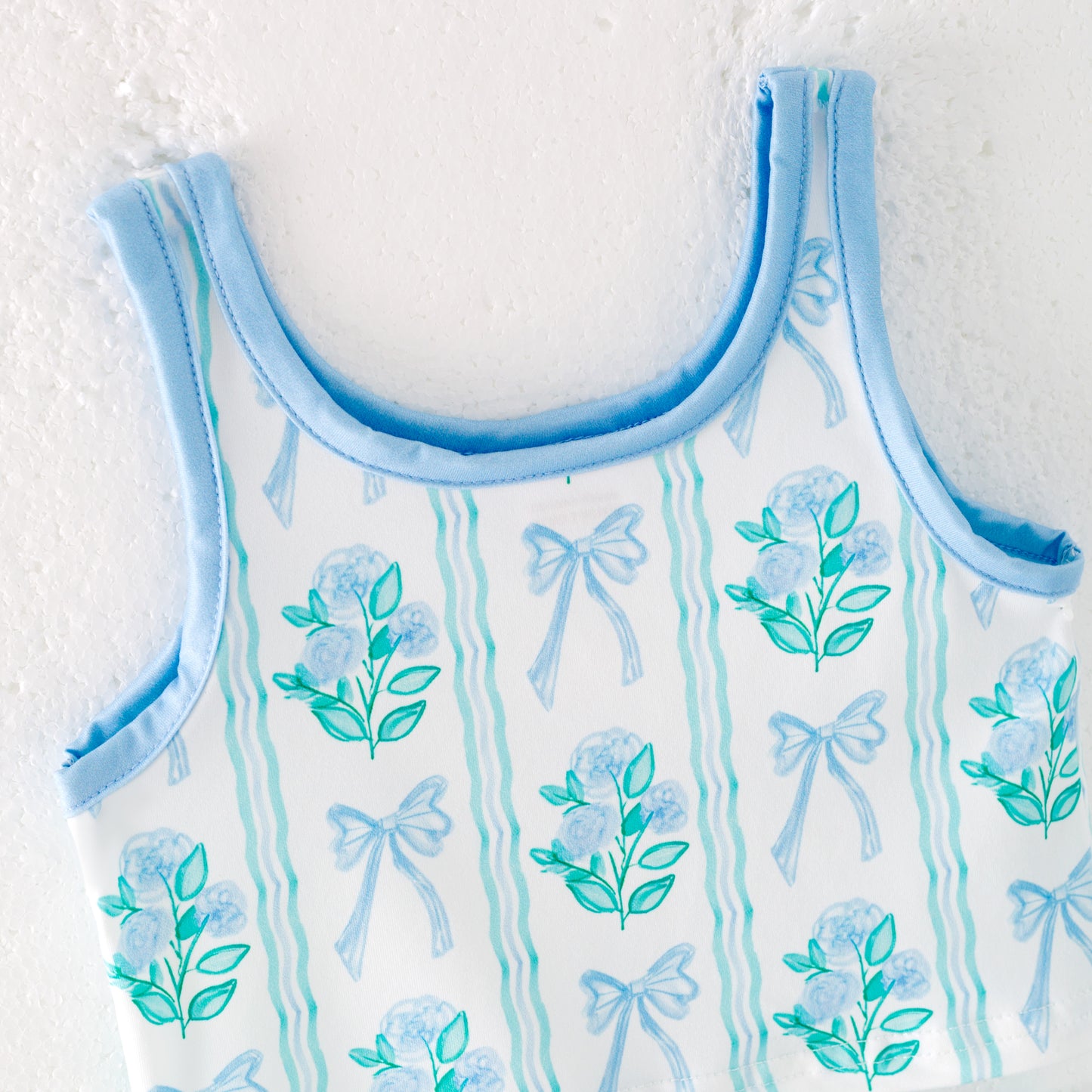 Girls Summer Blue Green Bow Flower Print Athletic Skirt Set
