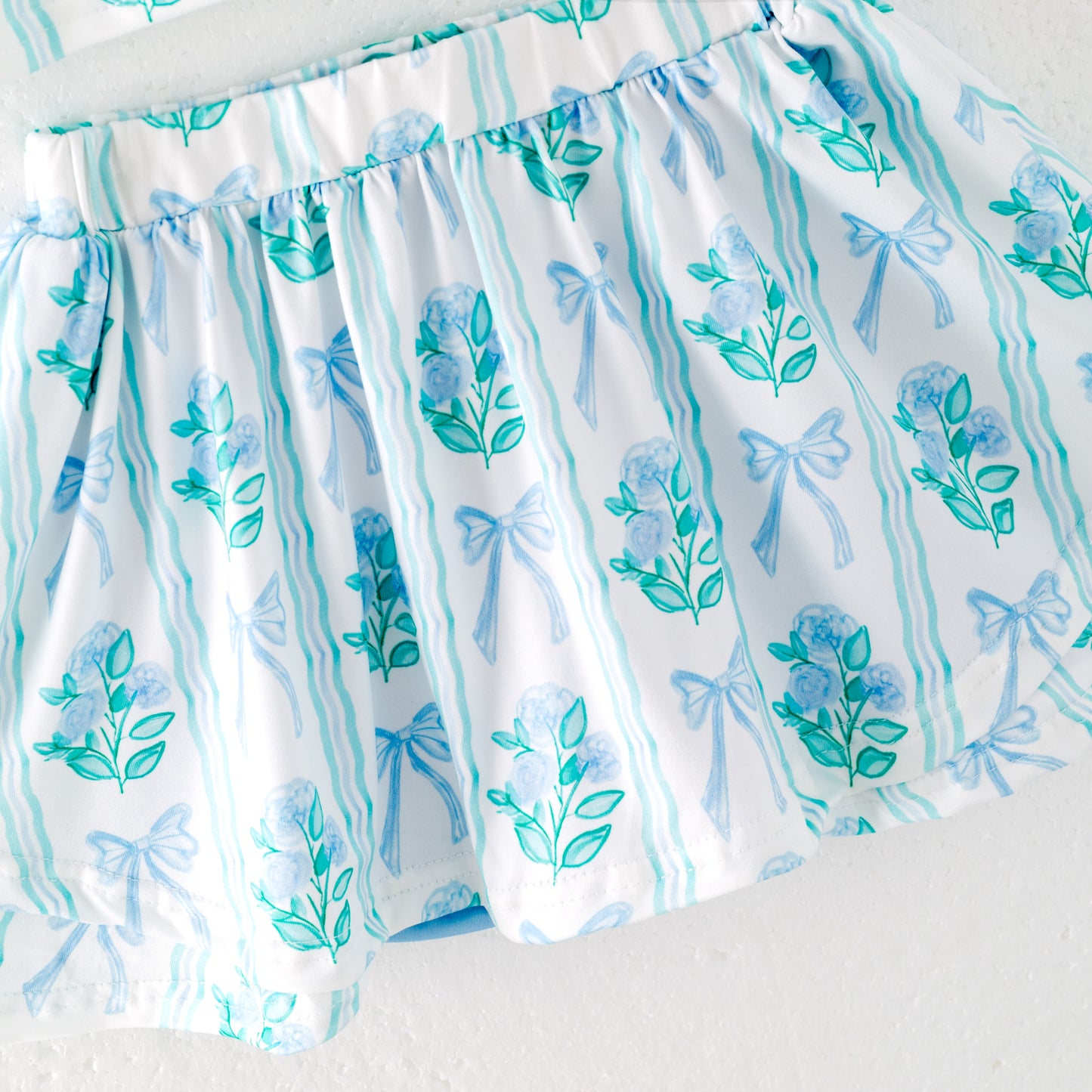 Girls Summer Blue Green Bow Flower Print Athletic Skirt Set