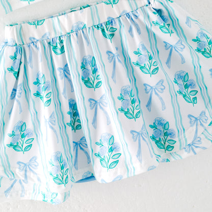 Girls Summer Blue Green Bow Flower Print Athletic Skirt Set