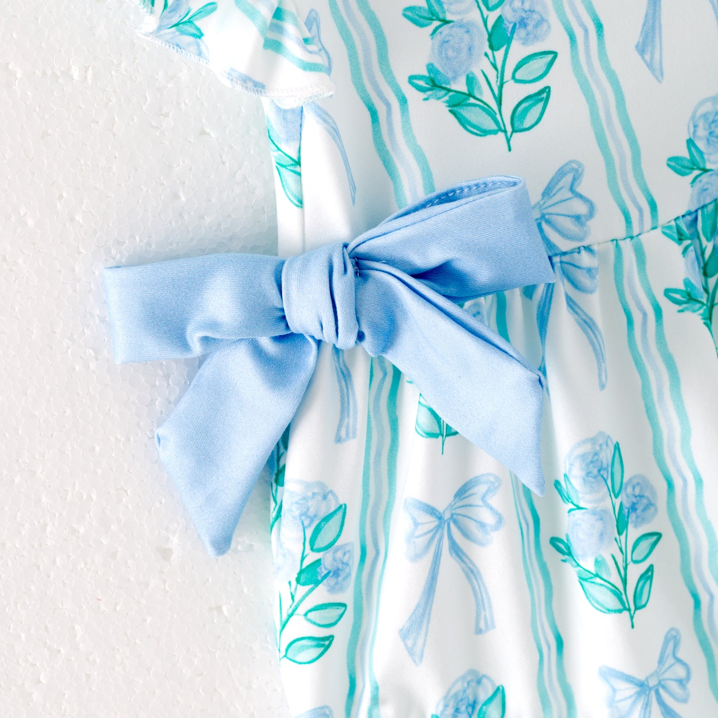 Baby Girls Blue Green Bow Flower Print Bubbles Romper
