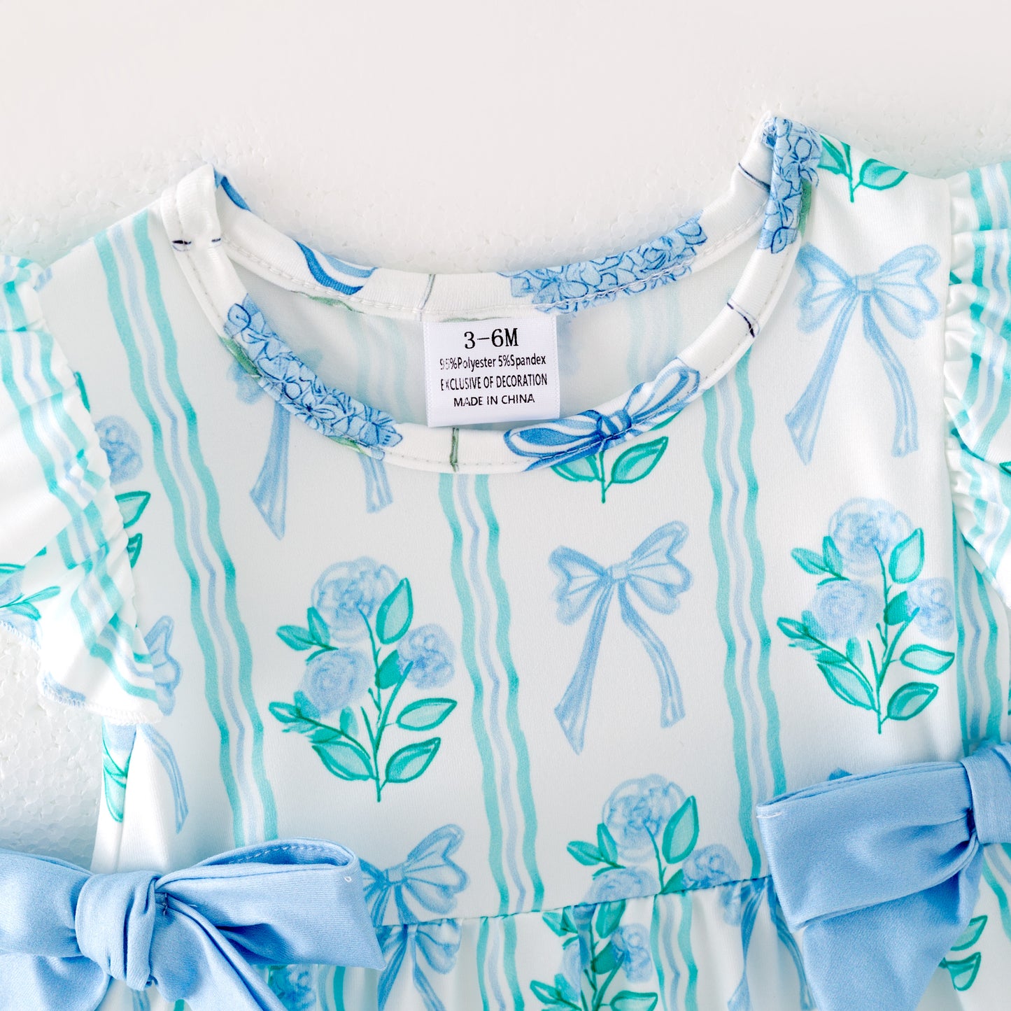 Baby Girls Blue Green Bow Flower Print Bubbles Romper