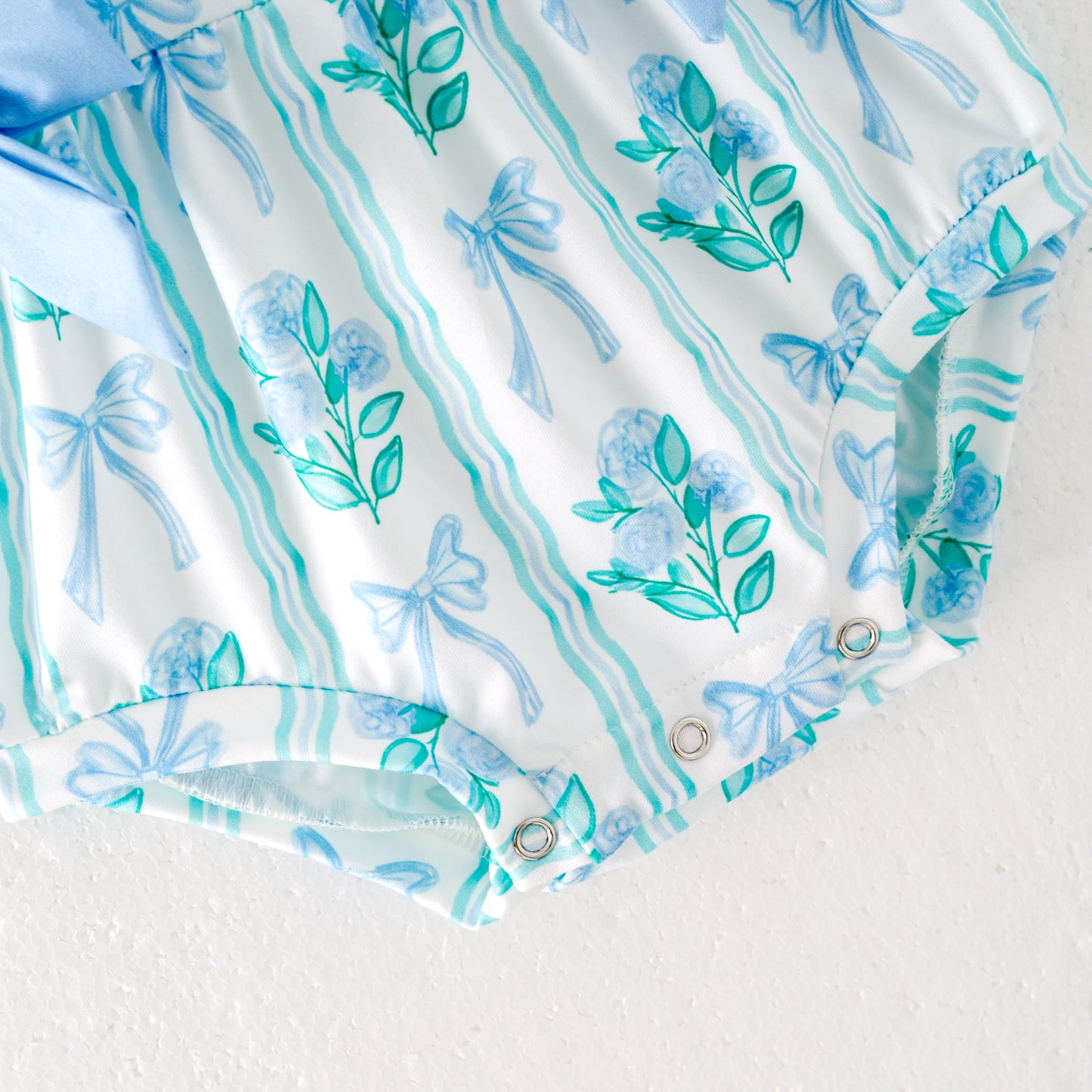 Baby Girls Blue Green Bow Flower Print Bubbles Romper