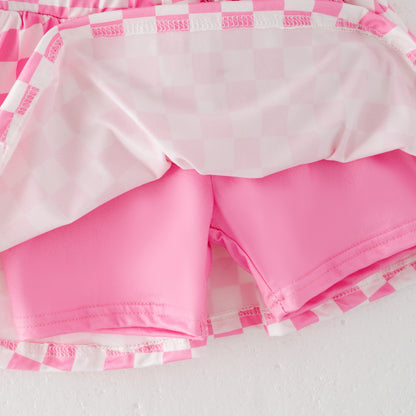 Girls Summer Muti-Colors Plaid Athletic Skirt Set