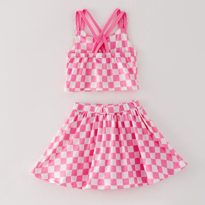 Girls Summer Muti-Colors Plaid Athletic Skirt Set