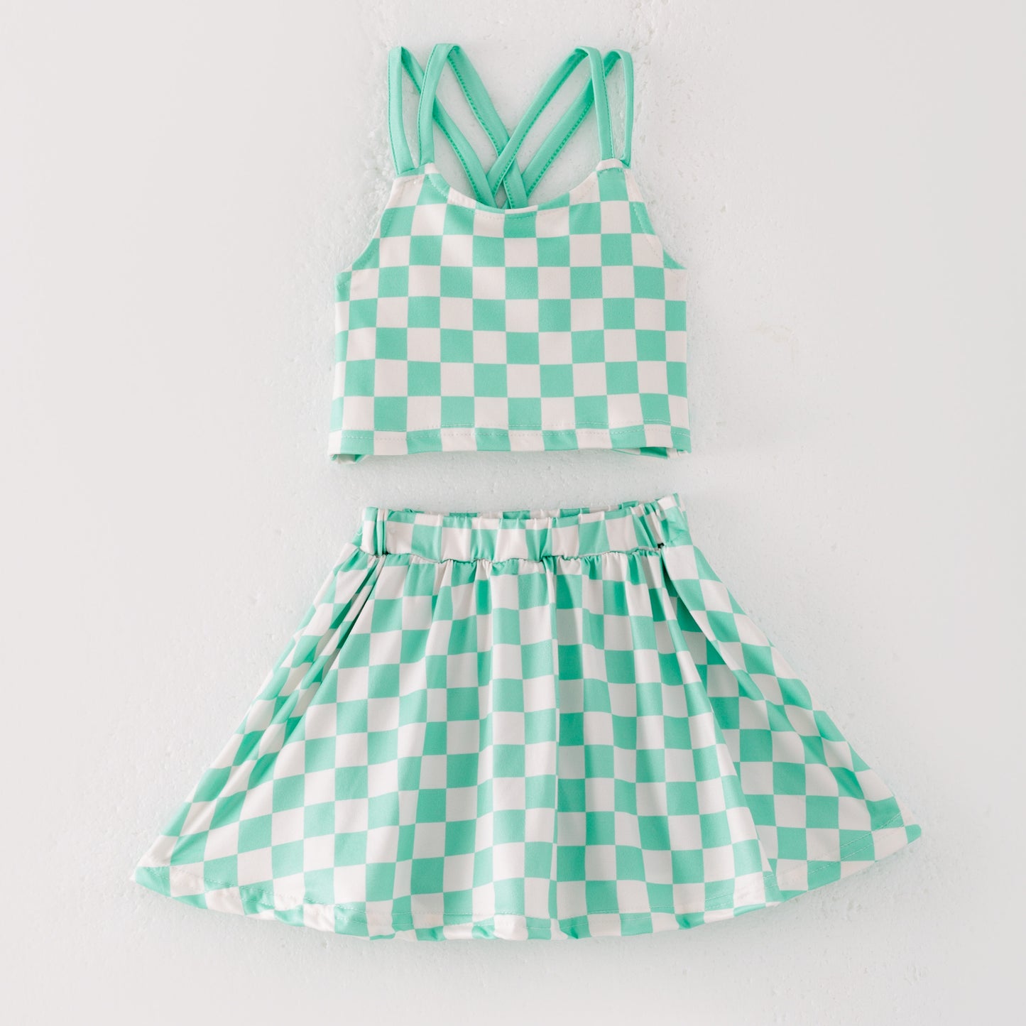 Girls Summer Muti-Colors Plaid Athletic Skirt Set